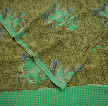 Indian Vintage Sari Green Pure Crepe Silk Printed Saree 5yard Sewing Floral Soft Craft Fabric Wrap