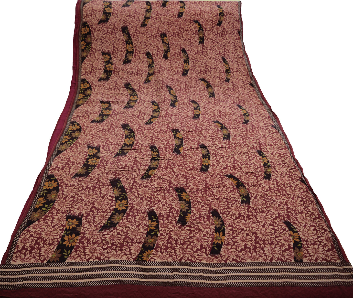 Indian Vintage Sari Maroon Pure Crepe Silk Printed Saree 5yard Sewing Floral Soft Craft Fabric Ethnic Wrap