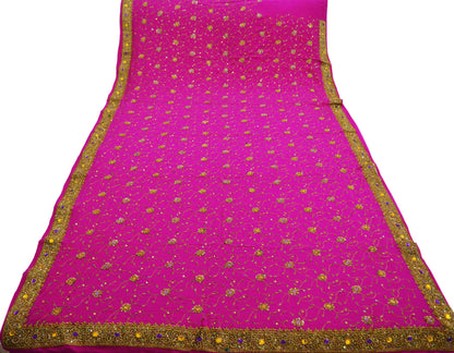 Indian Vintage Pink Saree Pure Crepe Silk Hand Embroidered Indian Sari Fabric 5Yd Sewing Soft Zardozi/Dabka Sequins