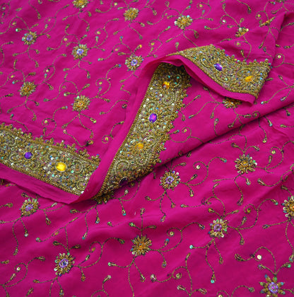 Indian Vintage Pink Saree Pure Crepe Silk Hand Embroidered Indian Sari Fabric 5Yd Sewing Soft Zardozi/Dabka Sequins