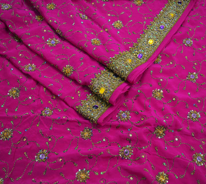 Indian Vintage Pink Saree Pure Crepe Silk Hand Embroidered Indian Sari Fabric 5Yd Sewing Soft Zardozi/Dabka Sequins