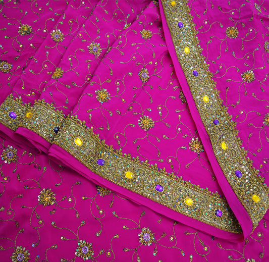 Indian Vintage Pink Saree Pure Crepe Silk Hand Embroidered Indian Sari Fabric 5Yd Sewing Soft Zardozi/Dabka Sequins