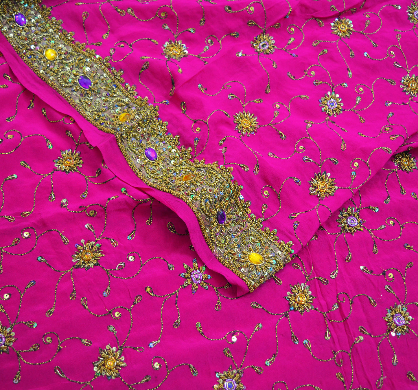 Indian Vintage Pink Saree Pure Crepe Silk Hand Embroidered Indian Sari Fabric 5Yd Sewing Soft Zardozi/Dabka Sequins