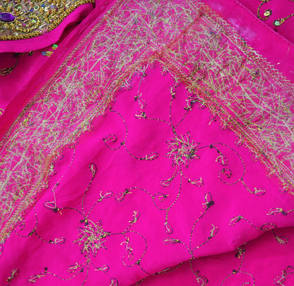 Indian Vintage Pink Saree Pure Crepe Silk Hand Embroidered Indian Sari Fabric 5Yd Sewing Soft Zardozi/Dabka Sequins