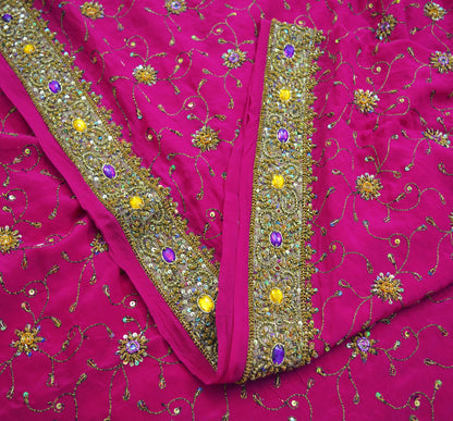 Indian Vintage Pink Saree Pure Crepe Silk Hand Embroidered Indian Sari Fabric 5Yd Sewing Soft Zardozi/Dabka Sequins