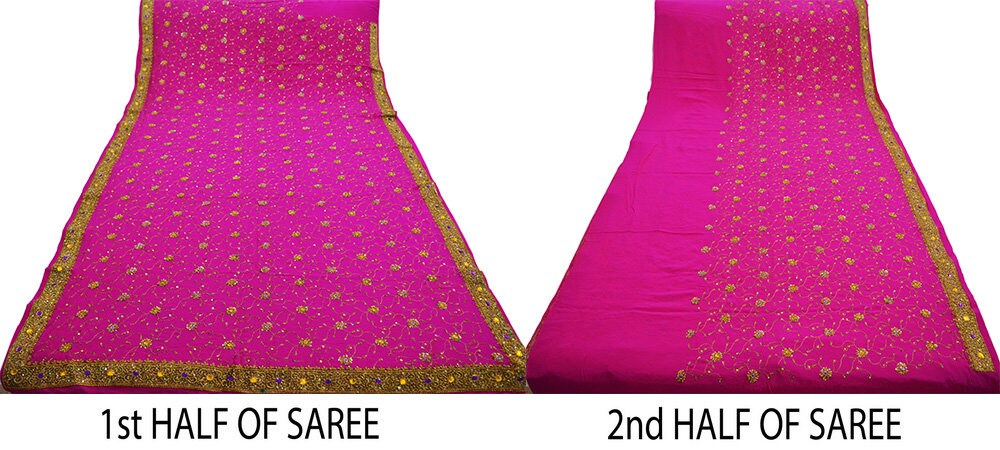 Indian Vintage Pink Saree Pure Crepe Silk Hand Embroidered Indian Sari Fabric 5Yd Sewing Soft Zardozi/Dabka Sequins