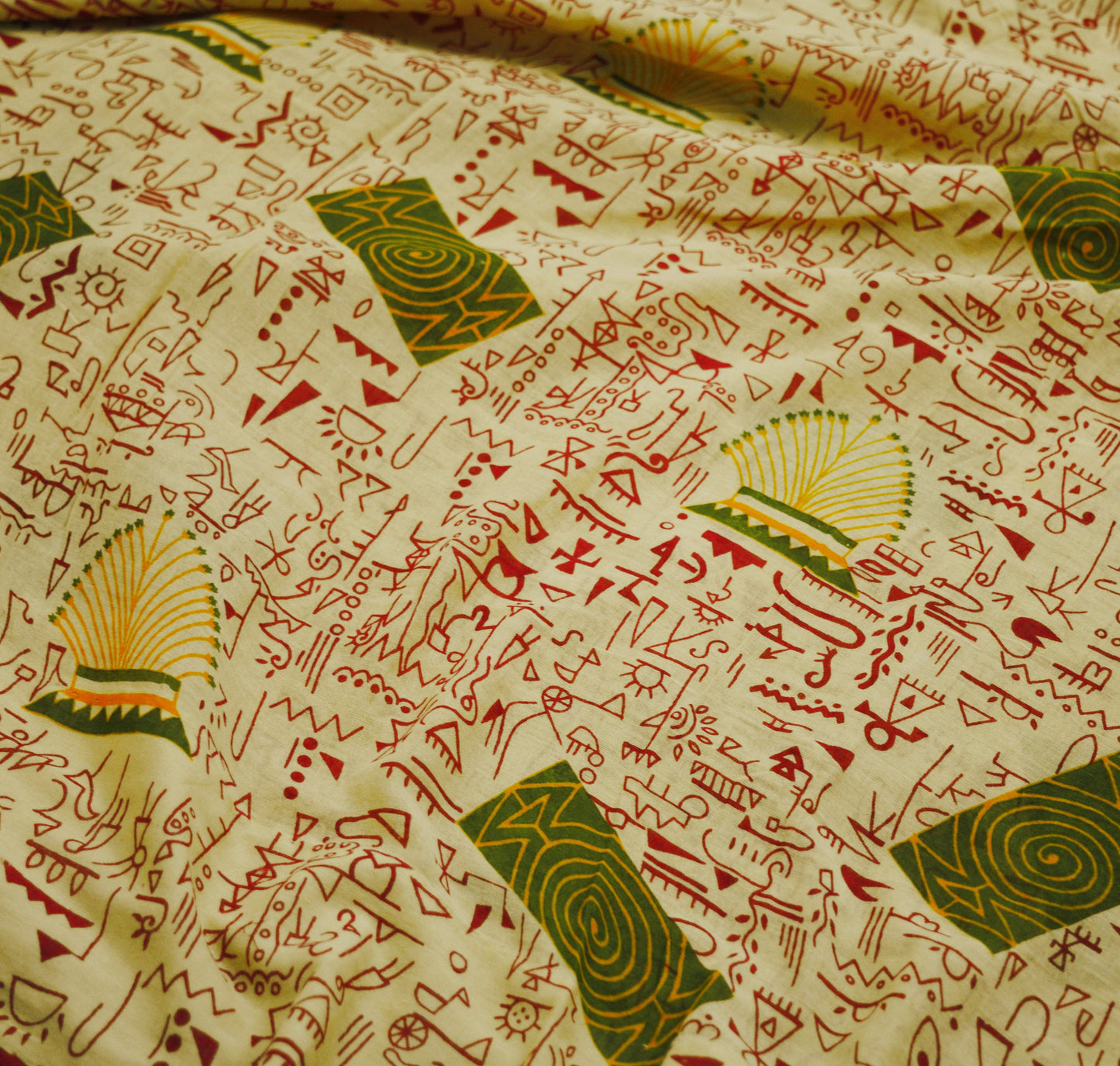 Indian Vintage Sari Yellow & Red Warli Print Pure Cotton Saree Craft Soft Fabric 5Yard Sewing Sarong Wrap Boho dears