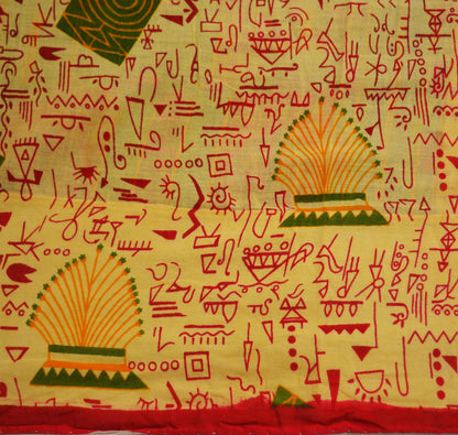 Indian Vintage Sari Yellow & Red Warli Print Pure Cotton Saree Craft Soft Fabric 5Yard Sewing Sarong Wrap Boho dears