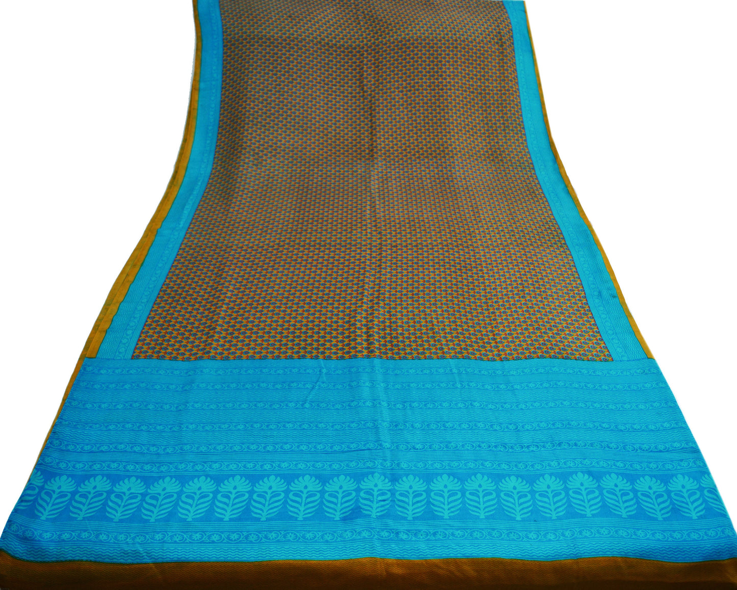 Indian Vintage Sari Saffron & Blue 100% Pure Silk Printed Saree Fabric 5yd Sewing Craft Fabric DressMaking Floral