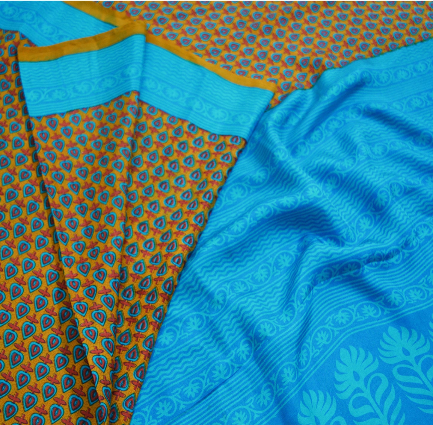 Indian Vintage Sari Saffron & Blue 100% Pure Silk Printed Saree Fabric 5yd Sewing Craft Fabric DressMaking Floral