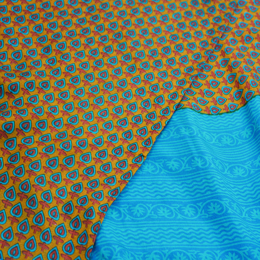Indian Vintage Sari Saffron & Blue 100% Pure Silk Printed Saree Fabric 5yd Sewing Craft Fabric DressMaking Floral