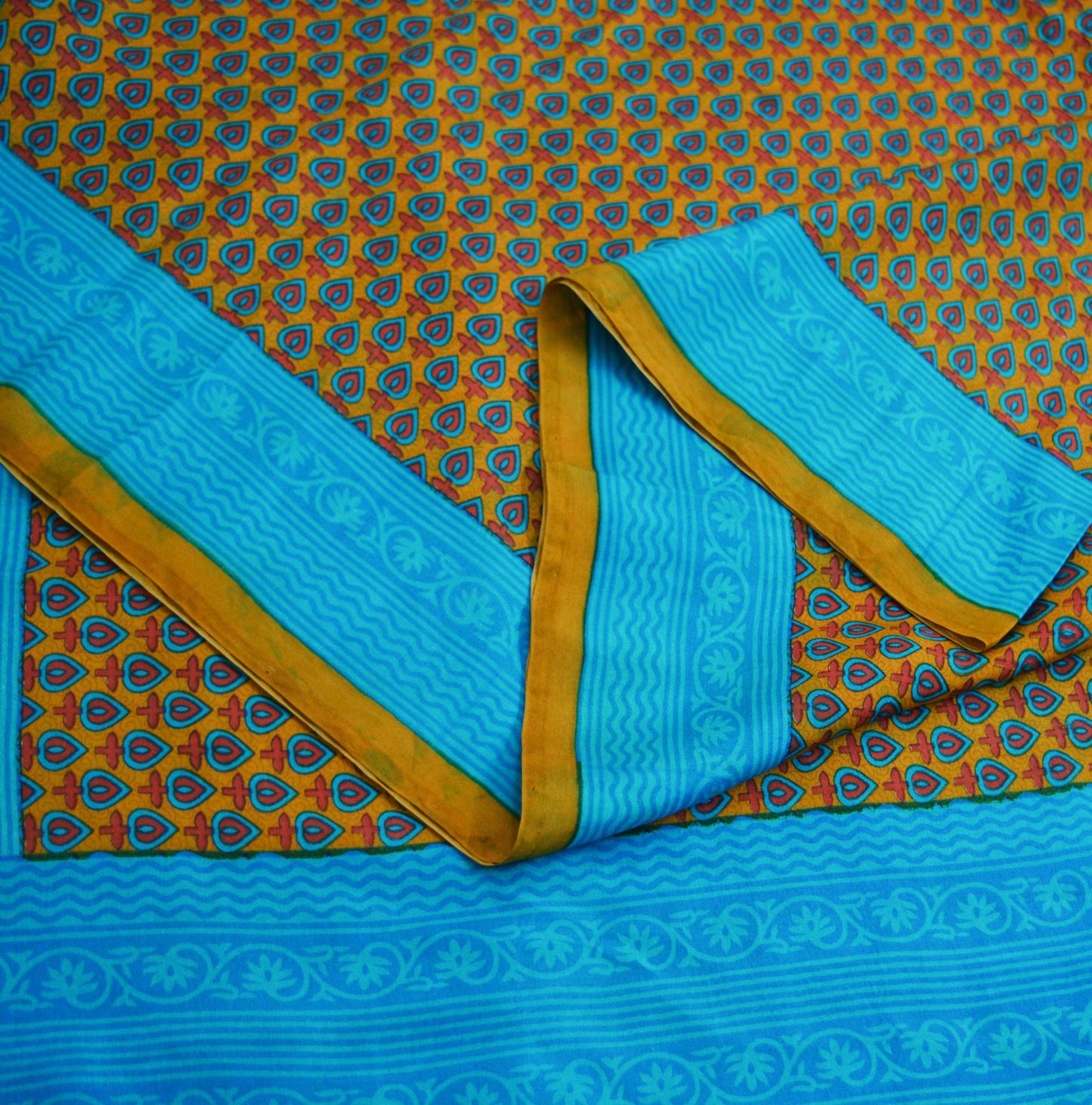 Indian Vintage Sari Saffron & Blue 100% Pure Silk Printed Saree Fabric 5yd Sewing Craft Fabric DressMaking Floral