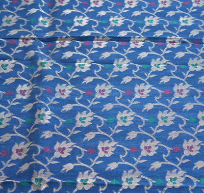 Indian Vintage Blue Sarees Pure Organza Silk Woven Indian Sari Fabric 5Yard Sewing Ethnic Golden Zari Floral
