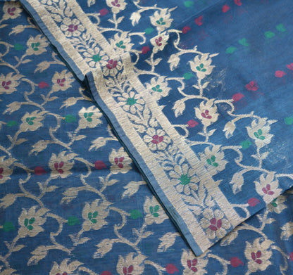 Indian Vintage Blue Sarees Pure Organza Silk Woven Indian Sari Fabric 5Yard Sewing Ethnic Golden Zari Floral