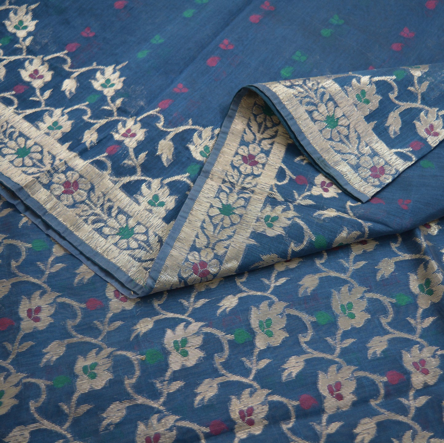 Indian Vintage Blue Sarees Pure Organza Silk Woven Indian Sari Fabric 5Yard Sewing Ethnic Golden Zari Floral
