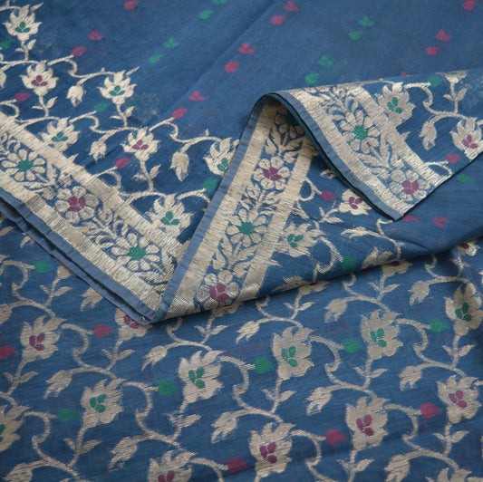 Indian Vintage Blue Sarees Pure Organza Silk Woven Indian Sari Fabric 5Yard Sewing Ethnic Golden Zari Floral