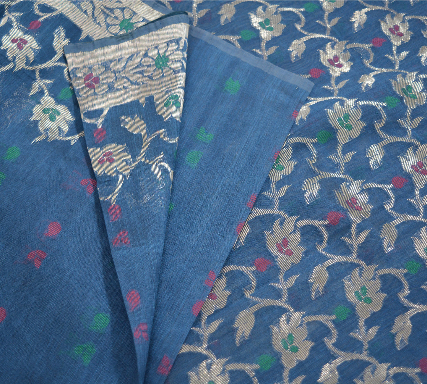 Indian Vintage Blue Sarees Pure Organza Silk Woven Indian Sari Fabric 5Yard Sewing Ethnic Golden Zari Floral
