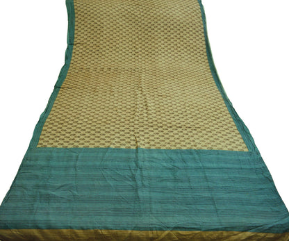 Indian Vintage Sari Beige & Green Pure Silk Printed Saree Craft Fabric 5yd Sewing DressMaking Soft