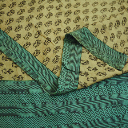 Indian Vintage Sari Beige & Green Pure Silk Printed Saree Craft Fabric 5yd Sewing DressMaking Soft