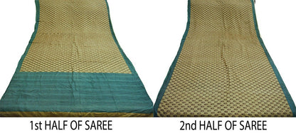 Indian Vintage Sari Beige & Green Pure Silk Printed Saree Craft Fabric 5yd Sewing DressMaking Soft