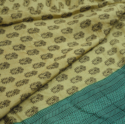 Indian Vintage Sari Beige & Green Pure Silk Printed Saree Craft Fabric 5yd Sewing DressMaking Soft