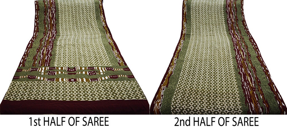 Indian Vintage Sari Ivory & Green Pure Crepe Silk Printed Saree 5yard Sewing Abstract Soft Craft Fabric Wrap