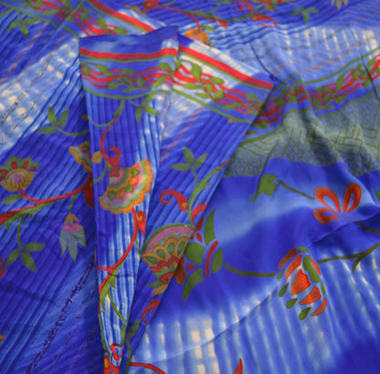 Indian Vintage Sari Blue Pure Crepe Silk Printed Saree 5yard Sewing Floral Soft Craft Fabric Wrap