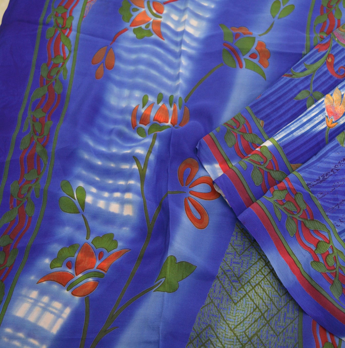 Indian Vintage Sari Blue Pure Crepe Silk Printed Saree 5yard Sewing Floral Soft Craft Fabric Wrap