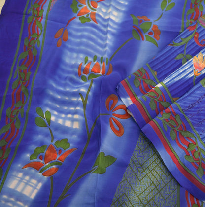 Indian Vintage Sari Blue Pure Crepe Silk Printed Saree 5yard Sewing Floral Soft Craft Fabric Wrap
