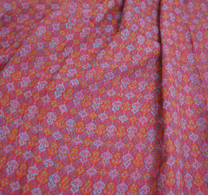 Women Vintage Sari Pink Pure Chiffon Silk Block Printed Saree Craft Fabric Sewing 5Yard Soft Light Sari Dress Making Floral