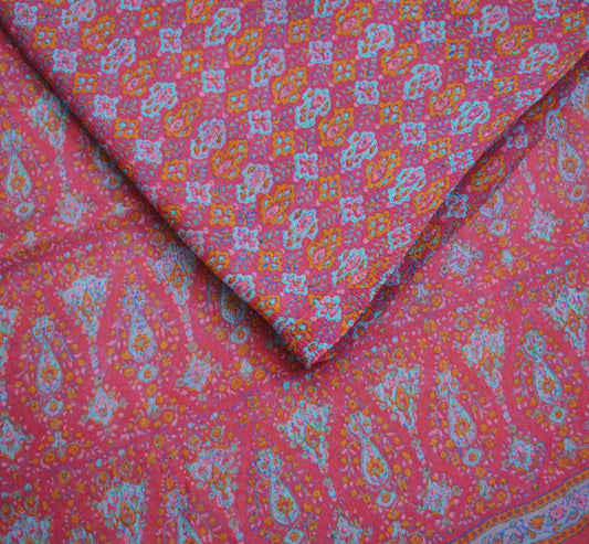 Women Vintage Sari Pink Pure Chiffon Silk Block Printed Saree Craft Fabric Sewing 5Yard Soft Light Sari Dress Making Floral