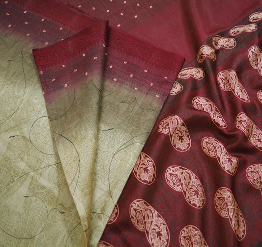 Indian Vintage Sari Beige & Maroon 100% Pure Silk Printed Saree Fabric 5yard Sewing Floral Soft Dress Designing for Crafting