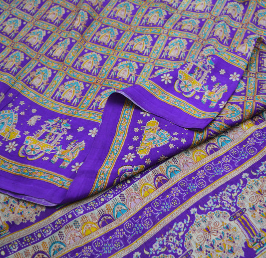 Indian Vintage Sari Purple Pure Silk Printed Saree Fabric 5yard Sewing Craft DressMaking Humans Floral