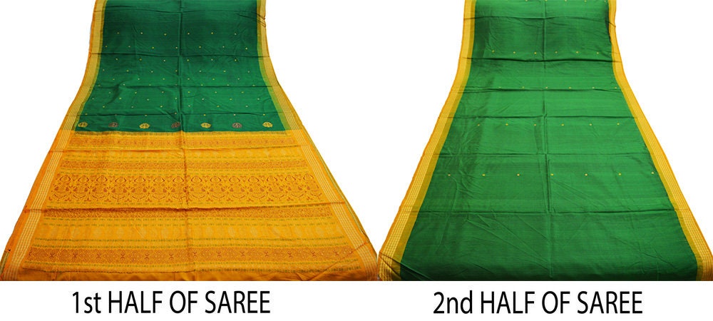 Indian Vintage Green & Saffron Heavy Saree Pure Silk saree Banarasi Brocade Indian Sari Fabric Golden Zari 5Yard Floral