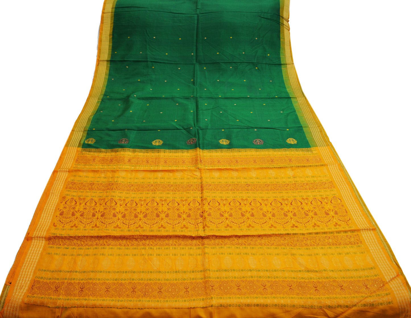 Indian Vintage Green & Saffron Heavy Saree Pure Silk saree Banarasi Brocade Indian Sari Fabric Golden Zari 5Yard Floral