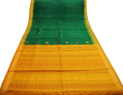 Indian Vintage Green & Saffron Heavy Saree Pure Silk saree Banarasi Brocade Indian Sari Fabric Golden Zari 5Yard Floral