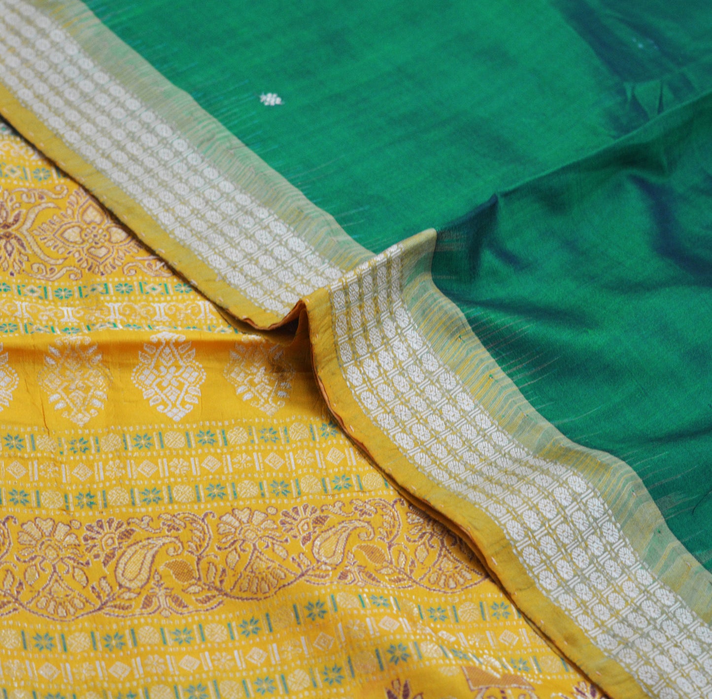 Indian Vintage Green & Saffron Heavy Saree Pure Silk saree Banarasi Brocade Indian Sari Fabric Golden Zari 5Yard Floral