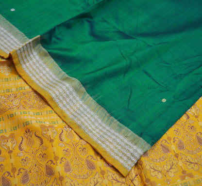 Indian Vintage Green & Saffron Heavy Saree Pure Silk saree Banarasi Brocade Indian Sari Fabric Golden Zari 5Yard Floral