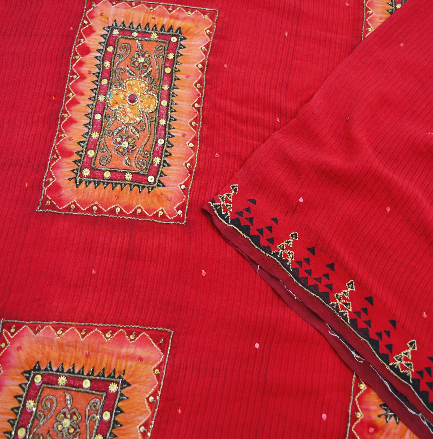 Indian Vintage Sari Red Pure Crepe Silk Hand Embroidered Saree 6yard Sewing Floral Craft Sequins