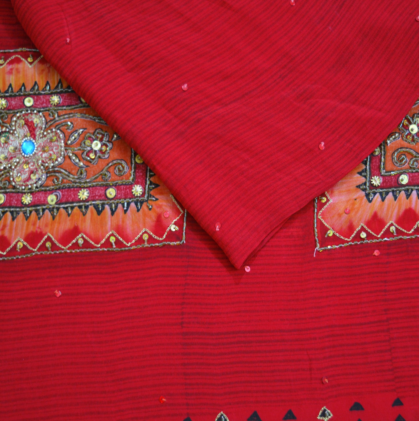 Indian Vintage Sari Red Pure Crepe Silk Hand Embroidered Saree 6yard Sewing Floral Craft Sequins