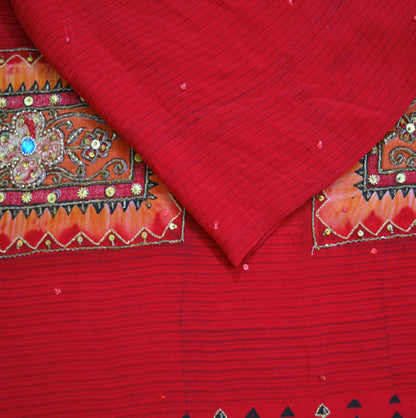 Indian Vintage Sari Red Pure Crepe Silk Hand Embroidered Saree 6yard Sewing Floral Craft Sequins