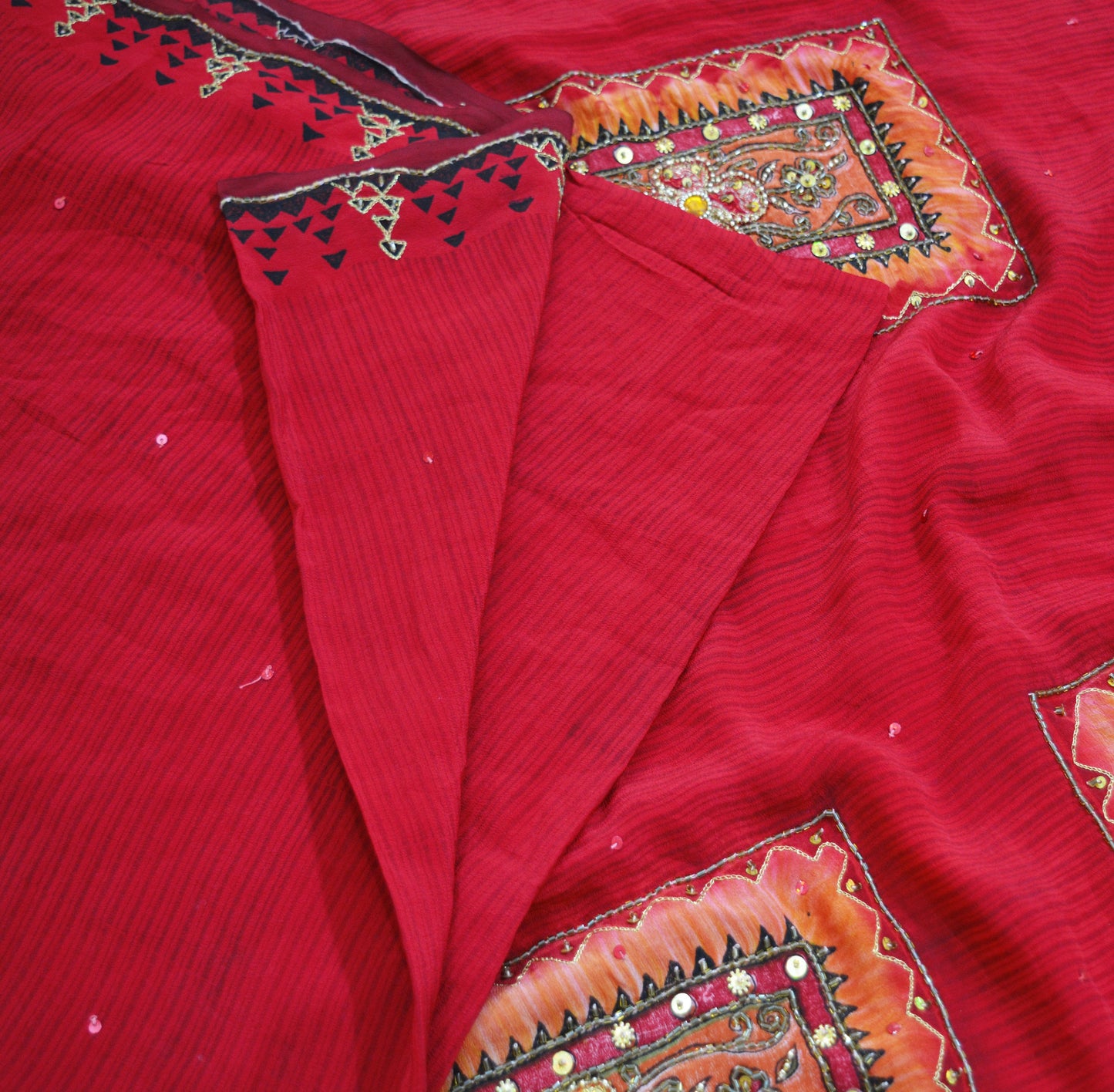 Indian Vintage Sari Red Pure Crepe Silk Hand Embroidered Saree 6yard Sewing Floral Craft Sequins