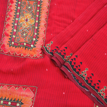 Indian Vintage Sari Red Pure Crepe Silk Hand Embroidered Saree 6yard Sewing Floral Craft Sequins