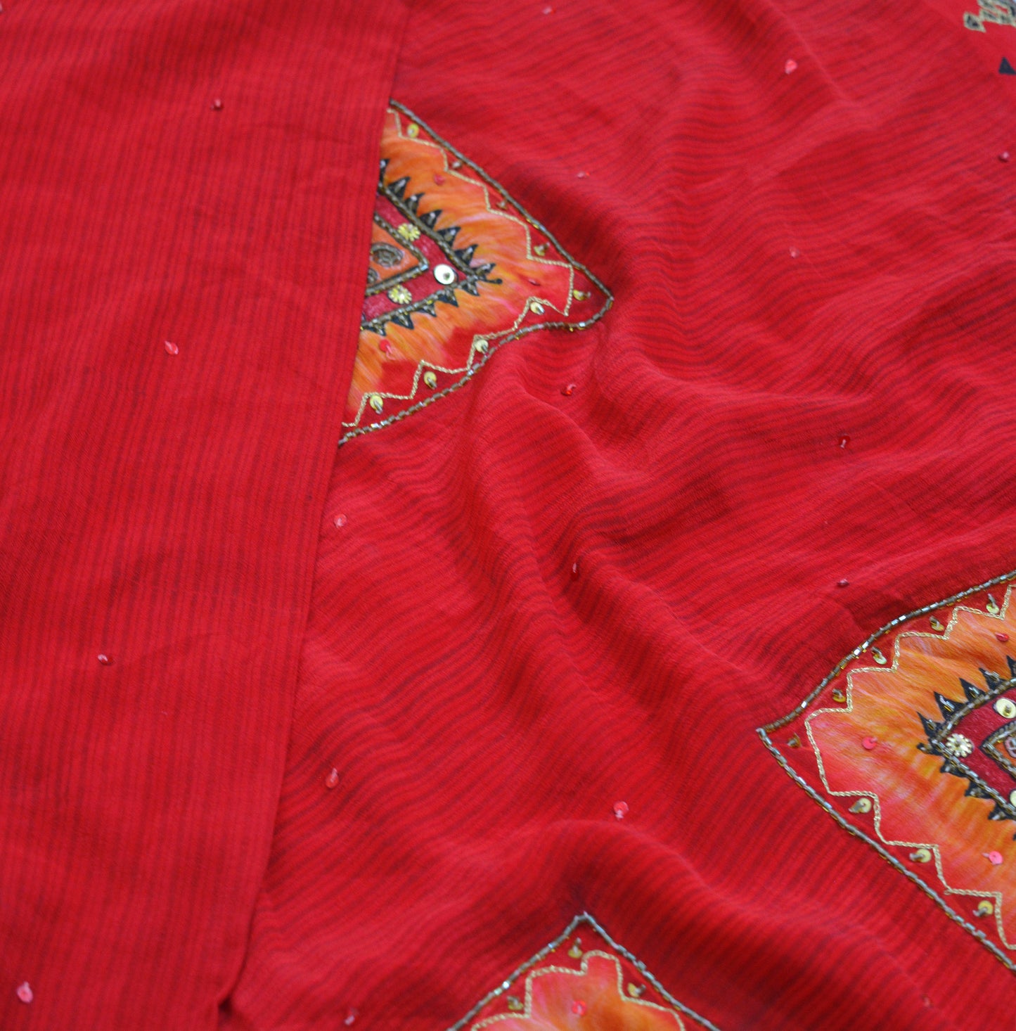 Indian Vintage Sari Red Pure Crepe Silk Hand Embroidered Saree 6yard Sewing Floral Craft Sequins