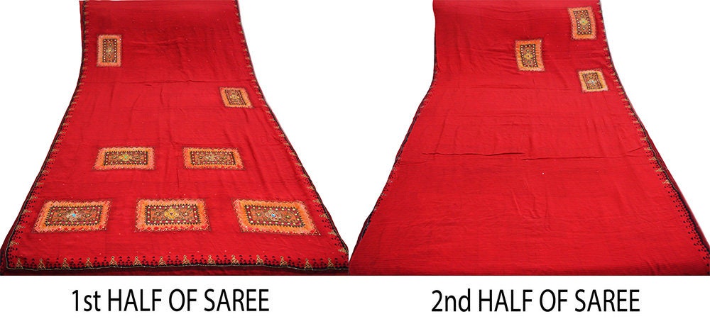 Indian Vintage Sari Red Pure Crepe Silk Hand Embroidered Saree 6yard Sewing Floral Craft Sequins