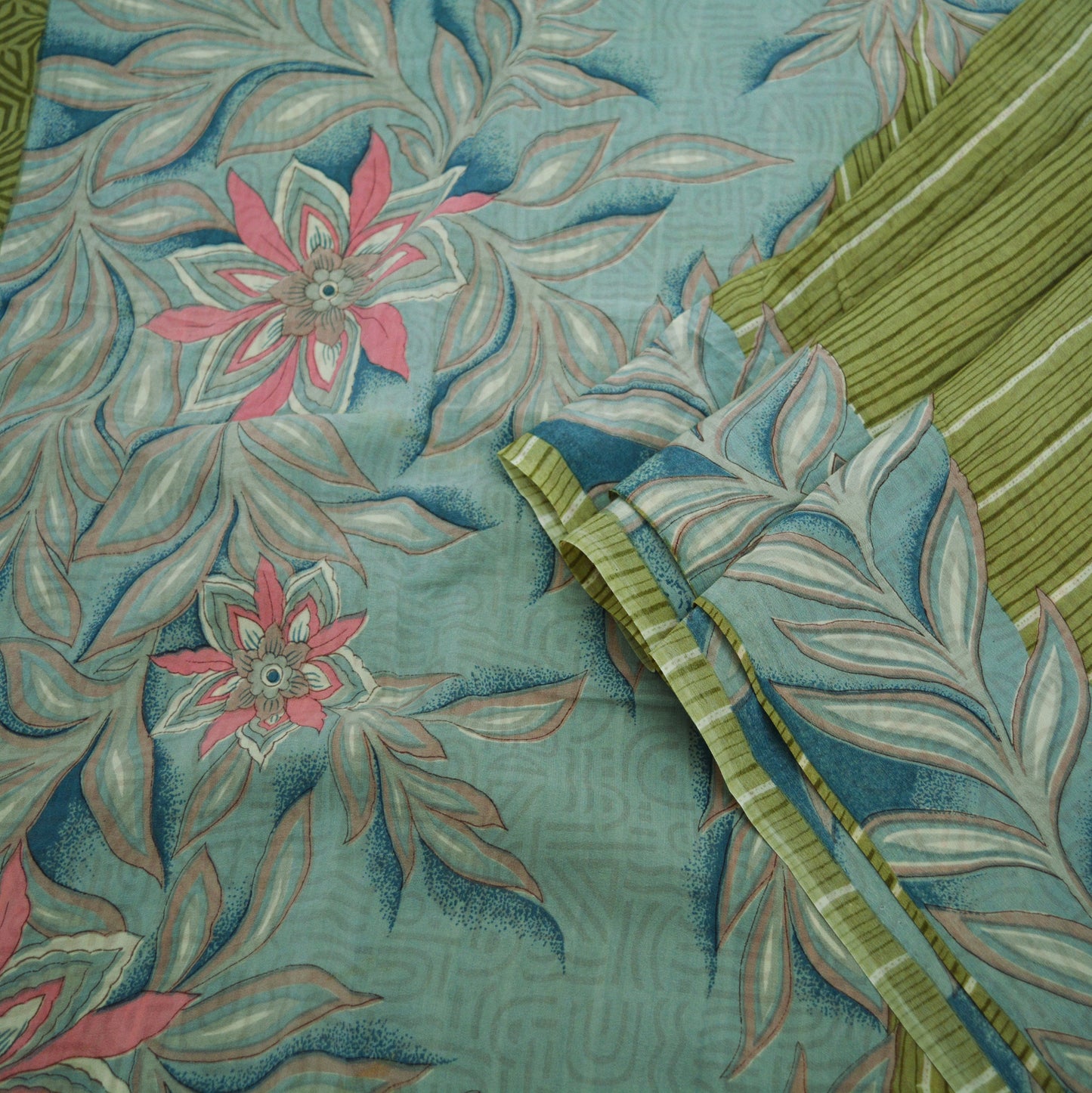 Indian Vintage Sari Green  Pure Crepe Silk Printed Saree 5yard Sewing Floral Soft Craft Fabric Ethnic Wrap