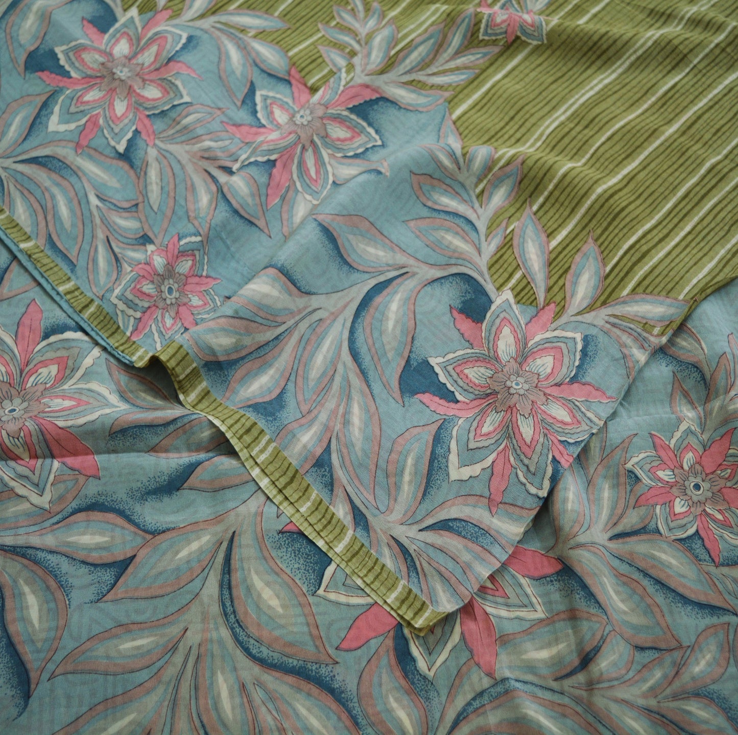 Indian Vintage Sari Green  Pure Crepe Silk Printed Saree 5yard Sewing Floral Soft Craft Fabric Ethnic Wrap