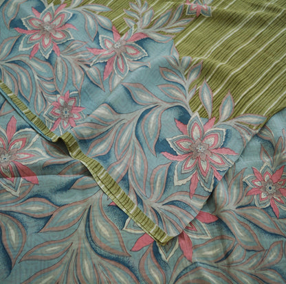 Indian Vintage Sari Green  Pure Crepe Silk Printed Saree 5yard Sewing Floral Soft Craft Fabric Ethnic Wrap
