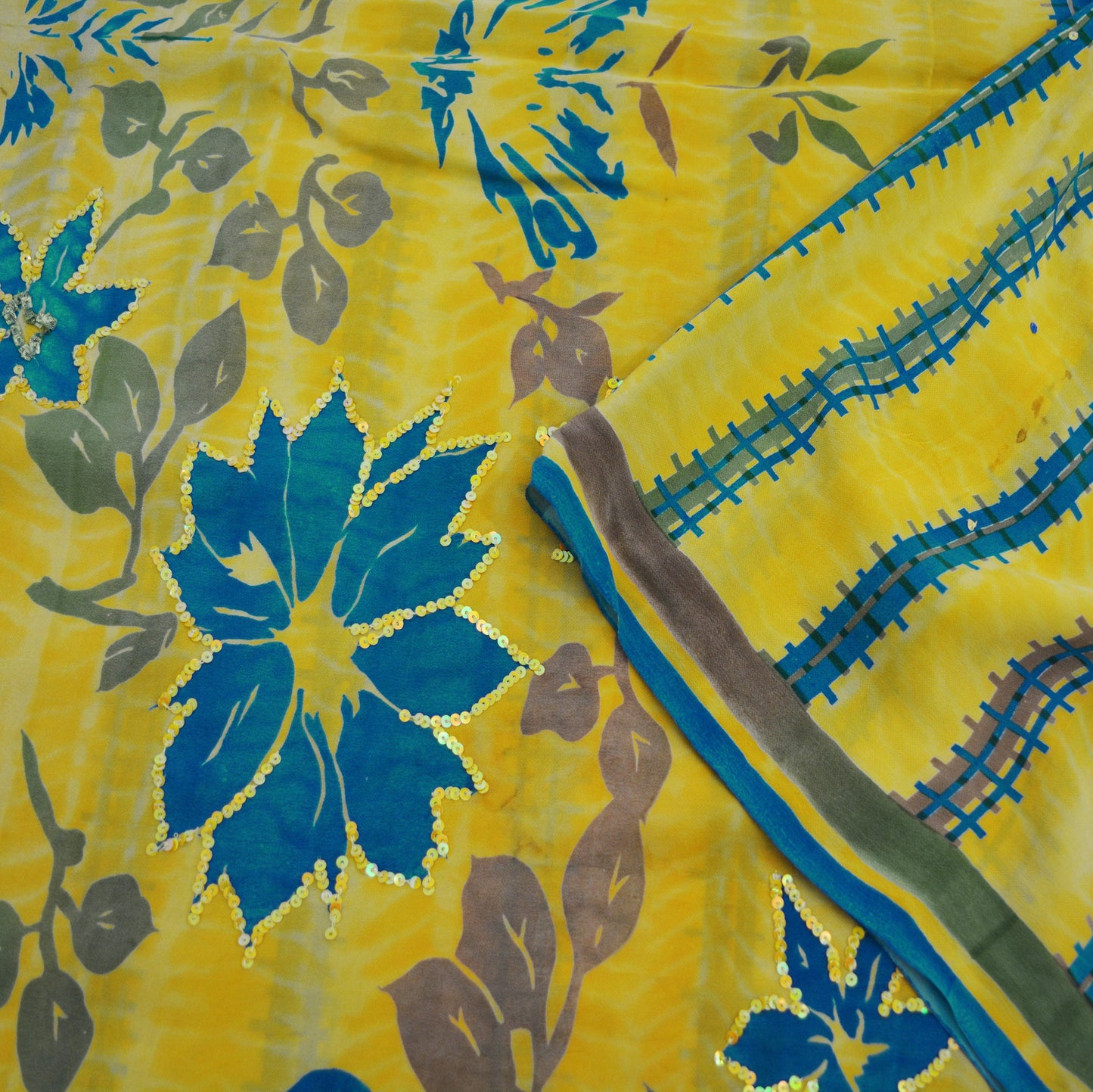 Indian Vintage Sari Yellow Pure Crepe Silk Hand Embroidered Saree 5yard Sewing Floral Craft Sequins