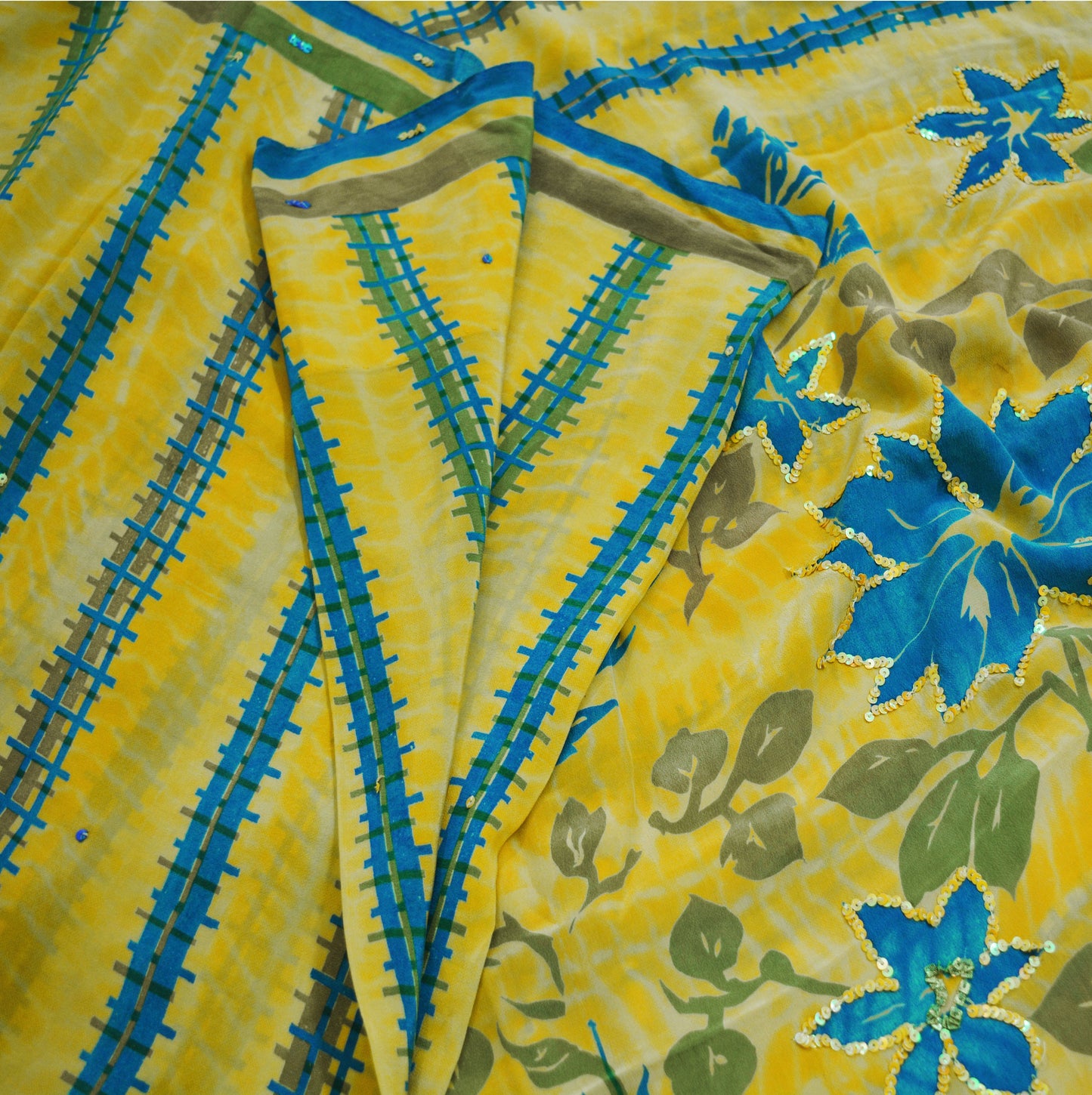 Indian Vintage Sari Yellow Pure Crepe Silk Hand Embroidered Saree 5yard Sewing Floral Craft Sequins